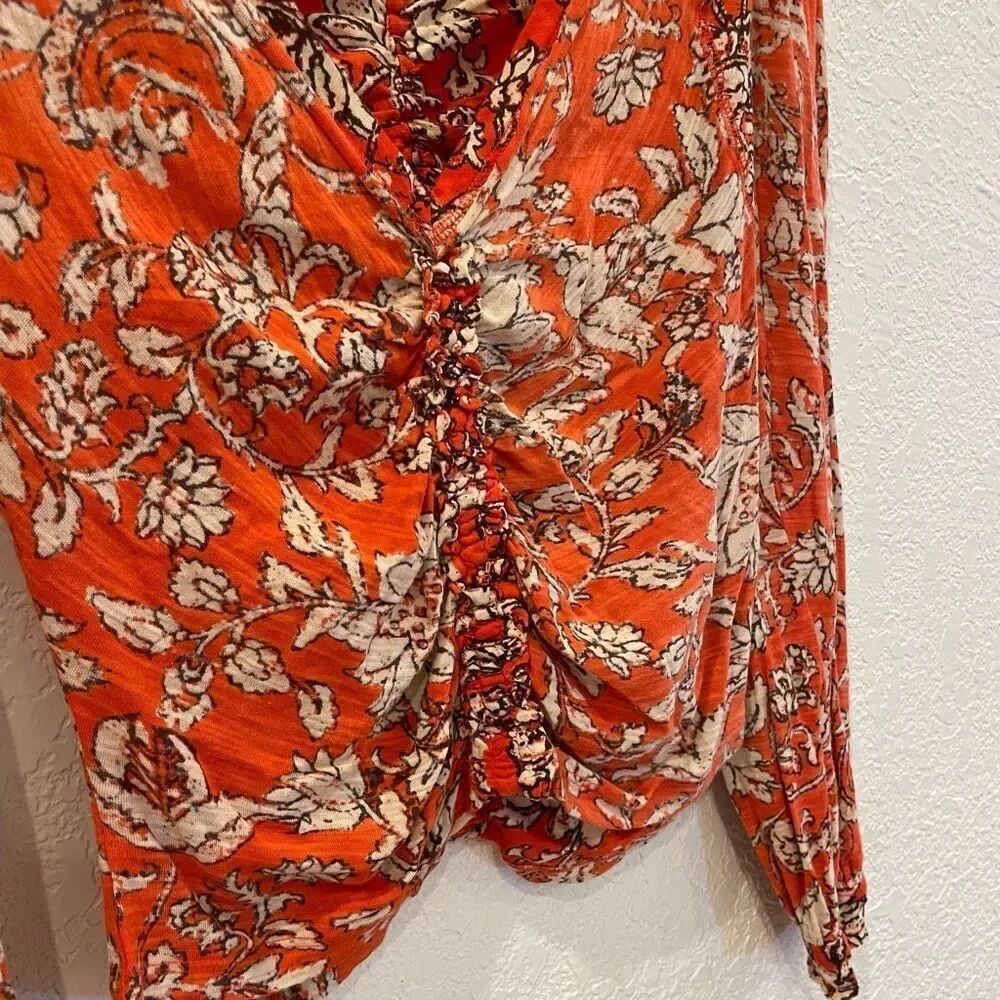 Free People Say The Word Orange Ruby Red Bohemian Peasant Floral Blouse Size Sma